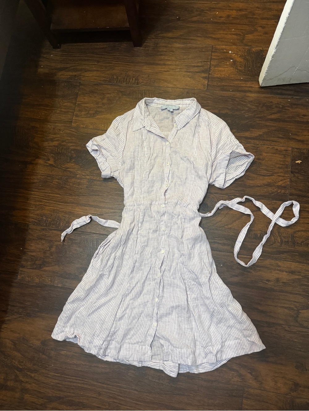 Pure Linen Hill House Lilac & White Striped Shirt Dress with Waist Tie
